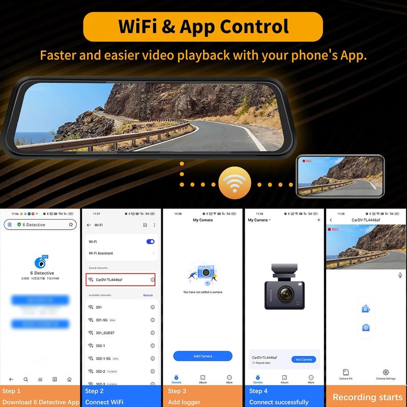 UNITOPSCI 3 Channel 9.66'' WiFi Mirror Dash Cam with Front and Rear Camera IPS Touch Screen,Triple Rear View Mirror Camera with App Recording,64GB TF Card,Loop Recording,Night Vision, G-Sensor Parking Monitor - Image 4